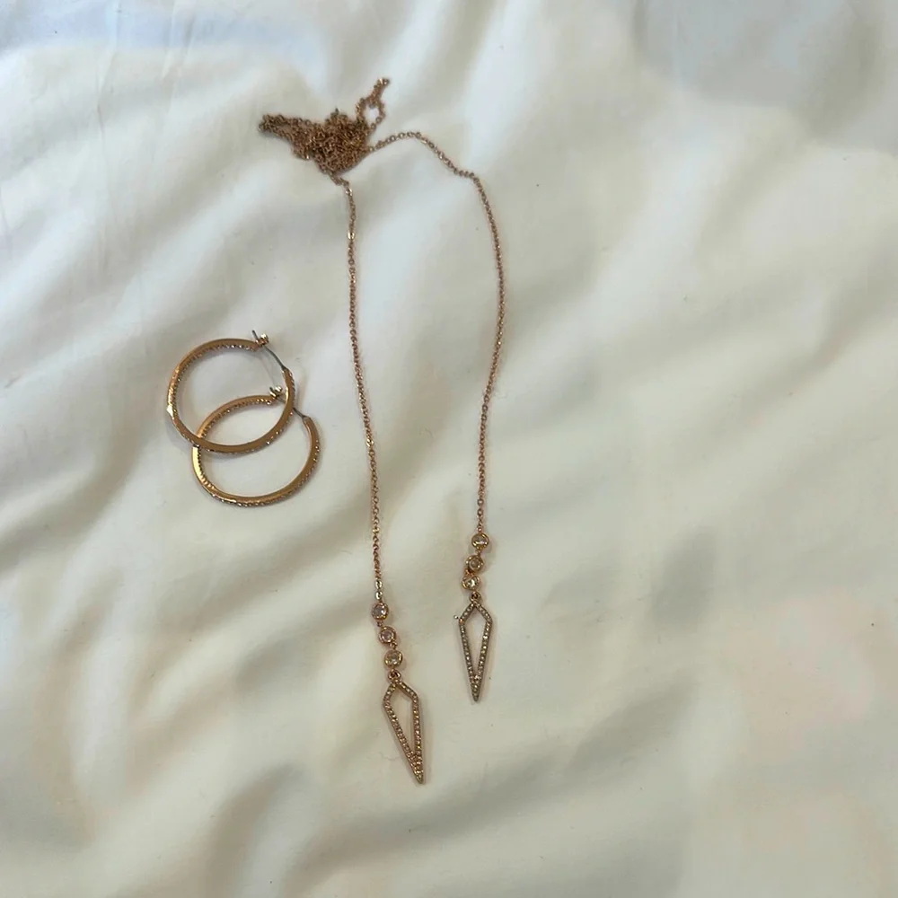 C+I Designer Rose Gold & Rhinestone Jewelry Set Hoop Earrings & Lariat Necklace